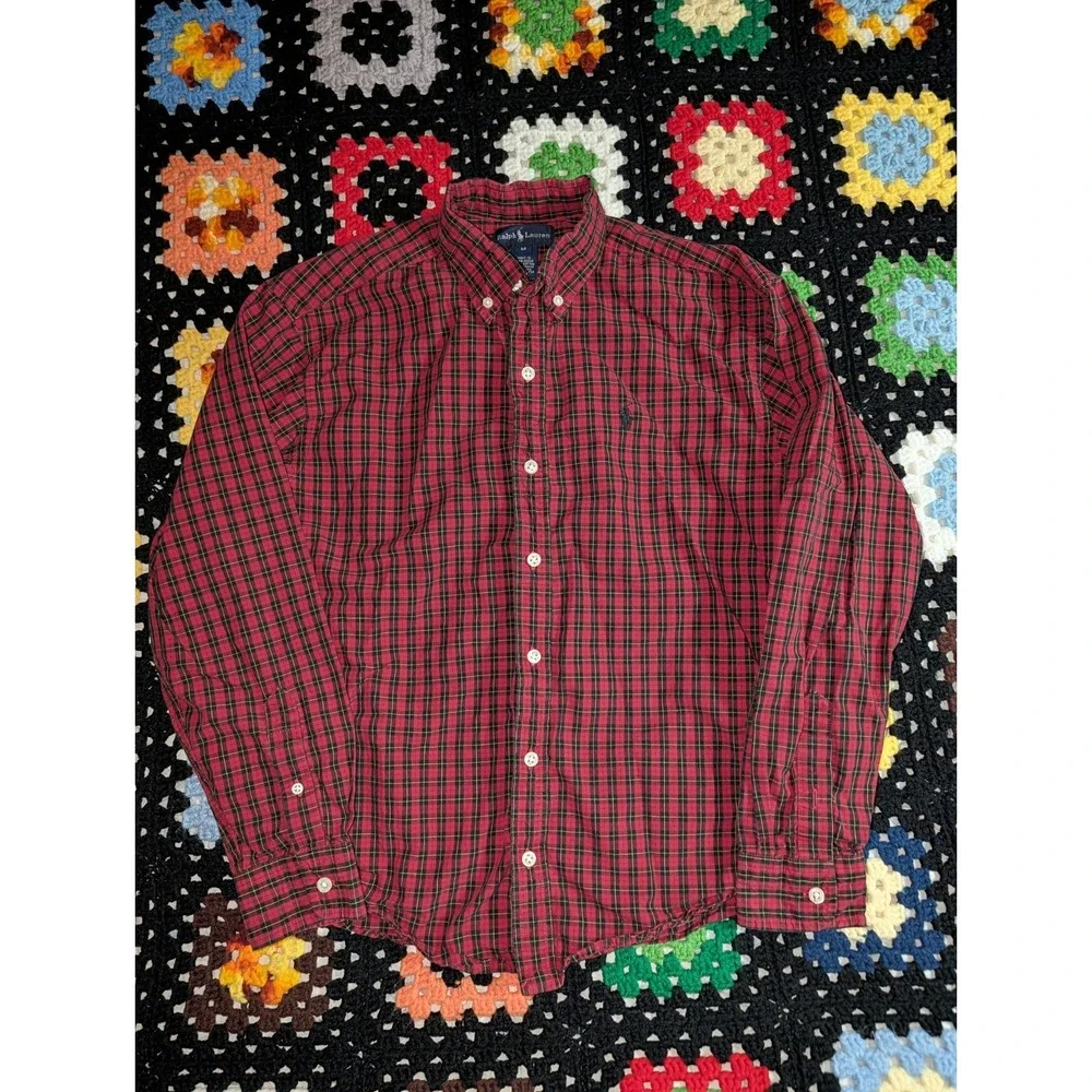 Ralph Lauren Polo Boys Red Green Plaid Button‎ Dress Shirt Size Medium